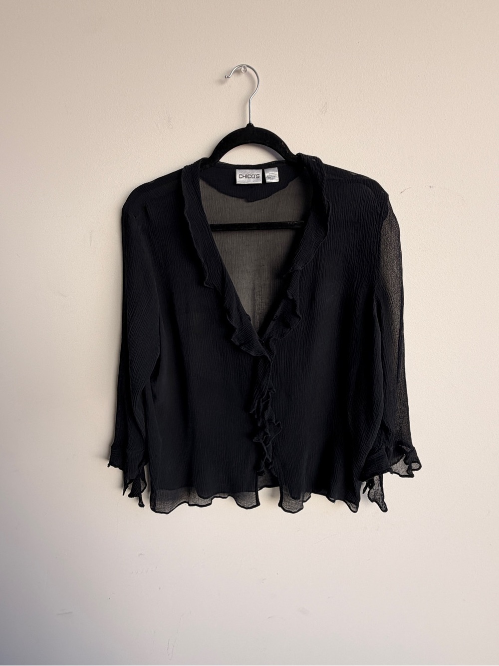 100% Silk Chico's Black Sheer Ruffle-Trim V-Neck Blouse